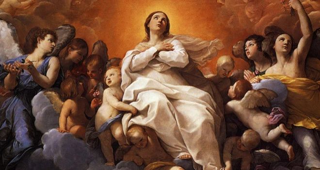 A painting of the Assumption of the Virgin Mary, carried up by angels
