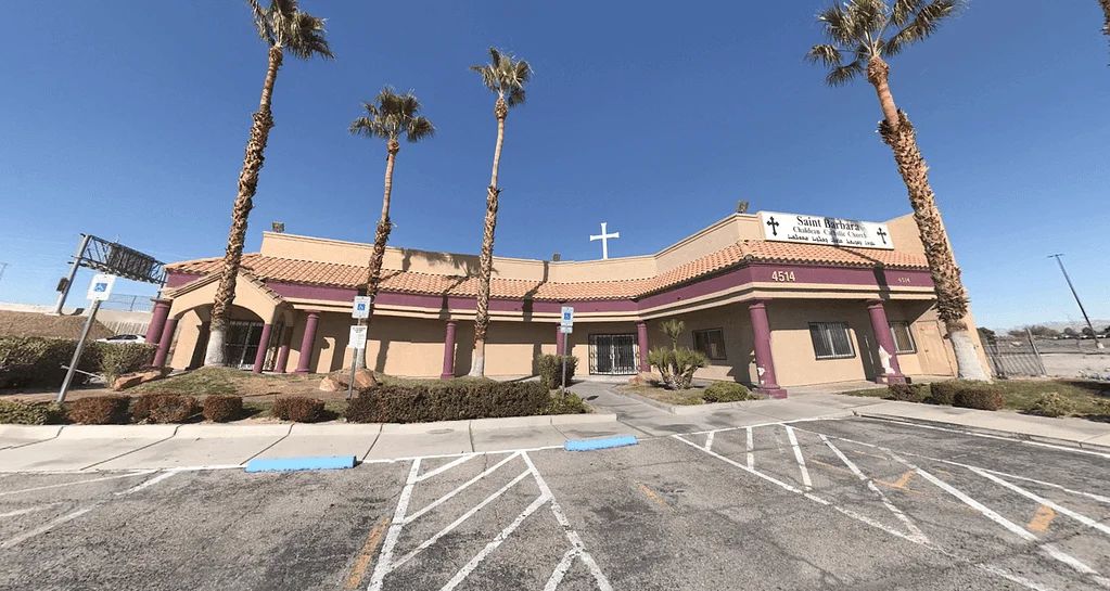 St. Barbara Chaldean Catholic Church in Las Vegas, framed by palm trees
