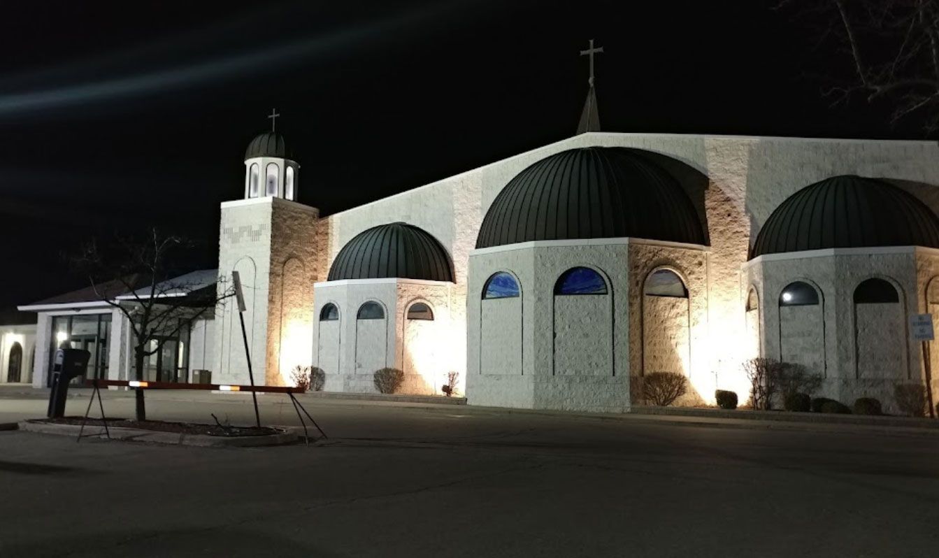 St. Joseph Chaldean Catholic Church lit at night